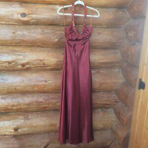 Cache Bronze Satin Faux Stone Halter Maxi Dress Size 6